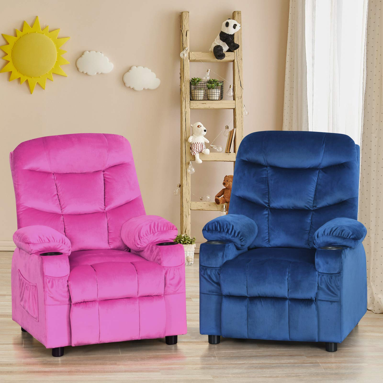 Kids Recliner Chair with Cup Holder, Adjustable Velvet Lounge, Ergonomic Toddler Sofa