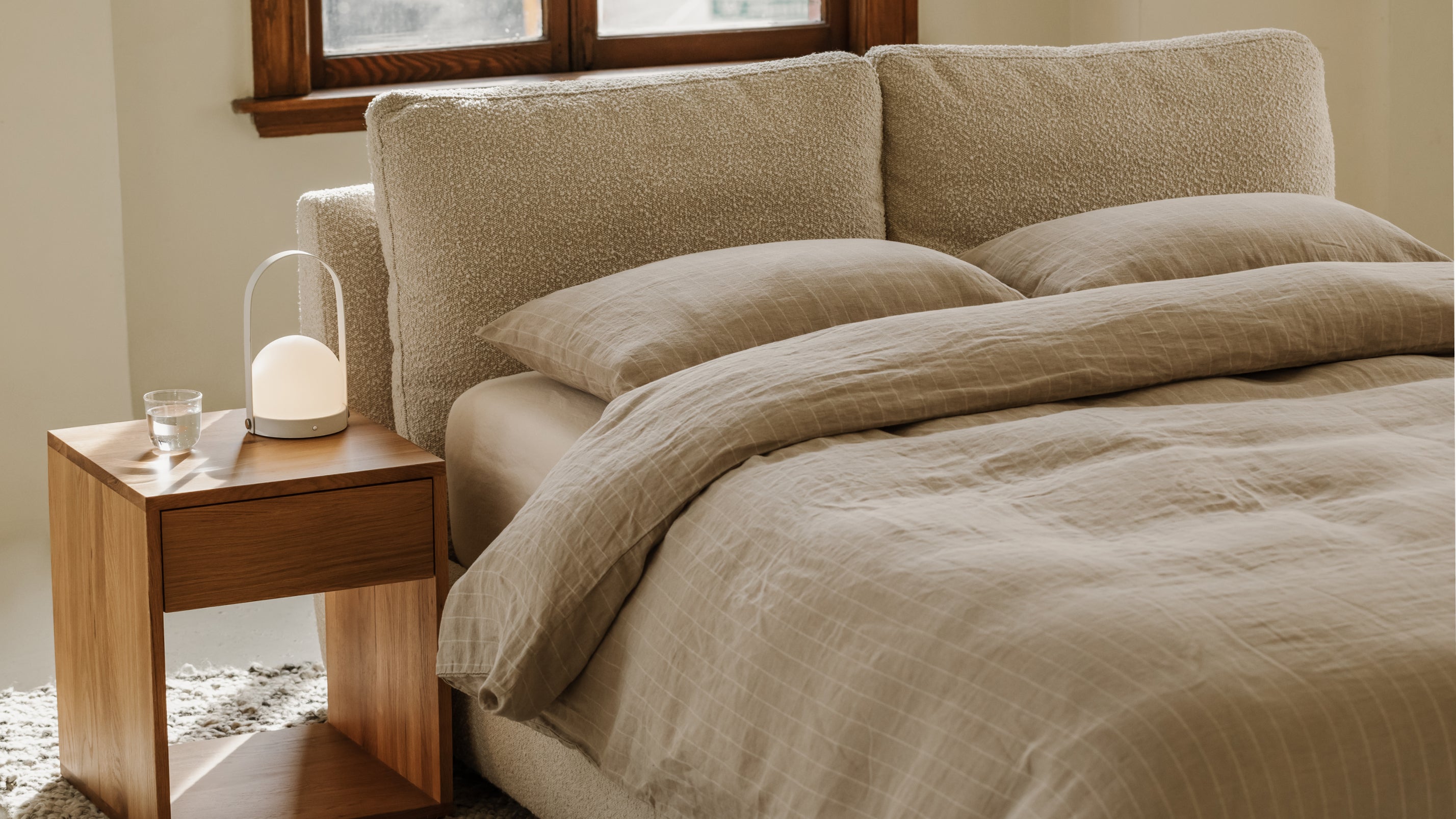 Queen Storage Bed, Cream Bouclé Upholstery