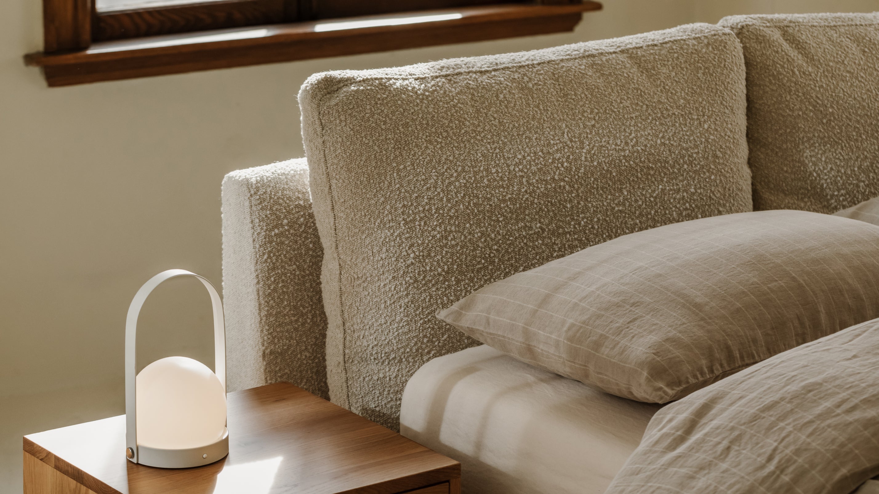 Queen Storage Bed, Cream Bouclé Upholstery