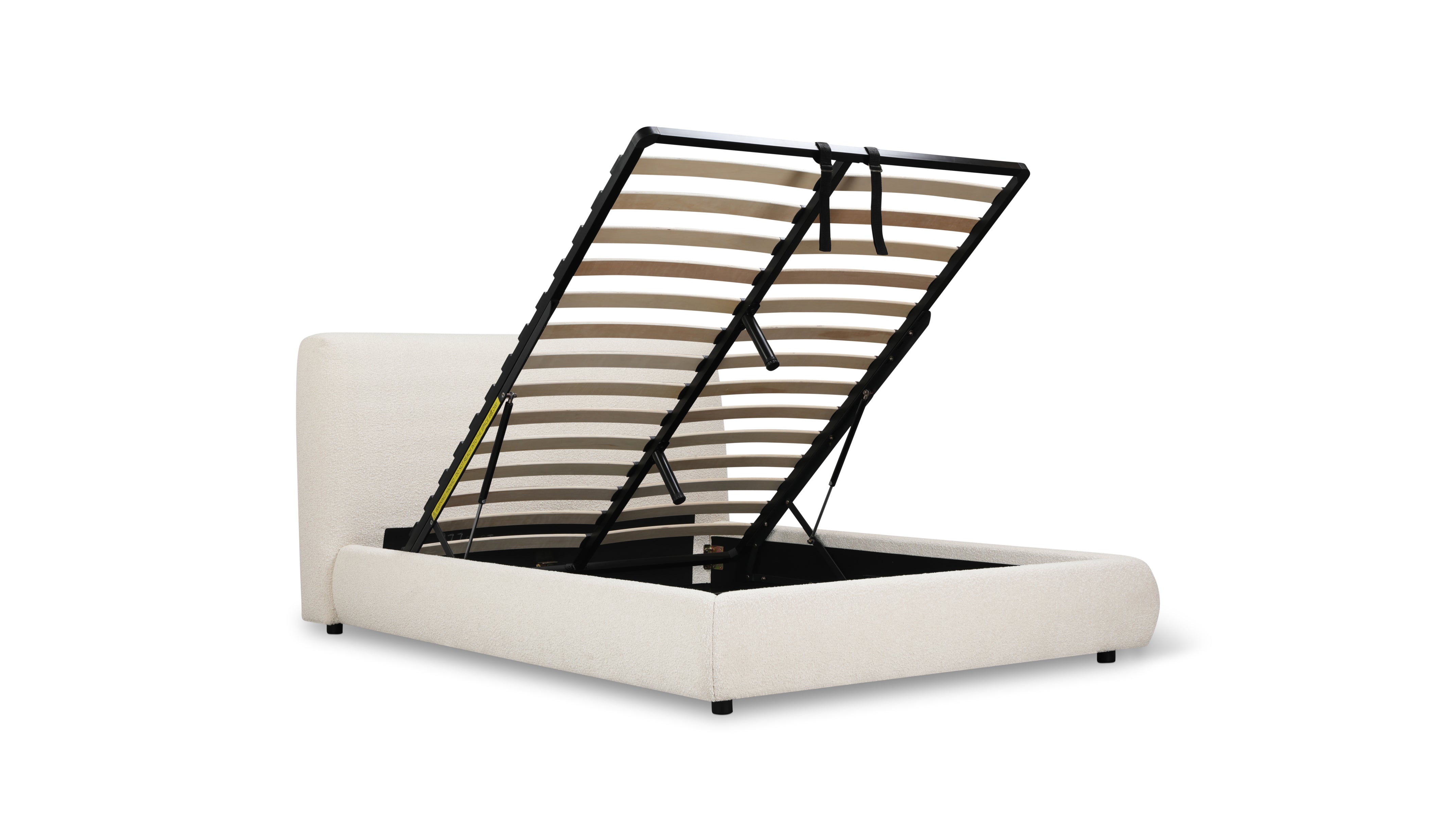 Full Storage Bed, Cream Bouclé, Space-Saving Design