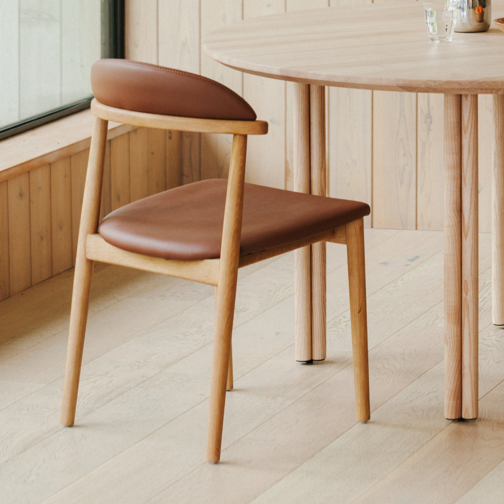 Oak Armless Dining Chair, Brown Seat, Set of 2