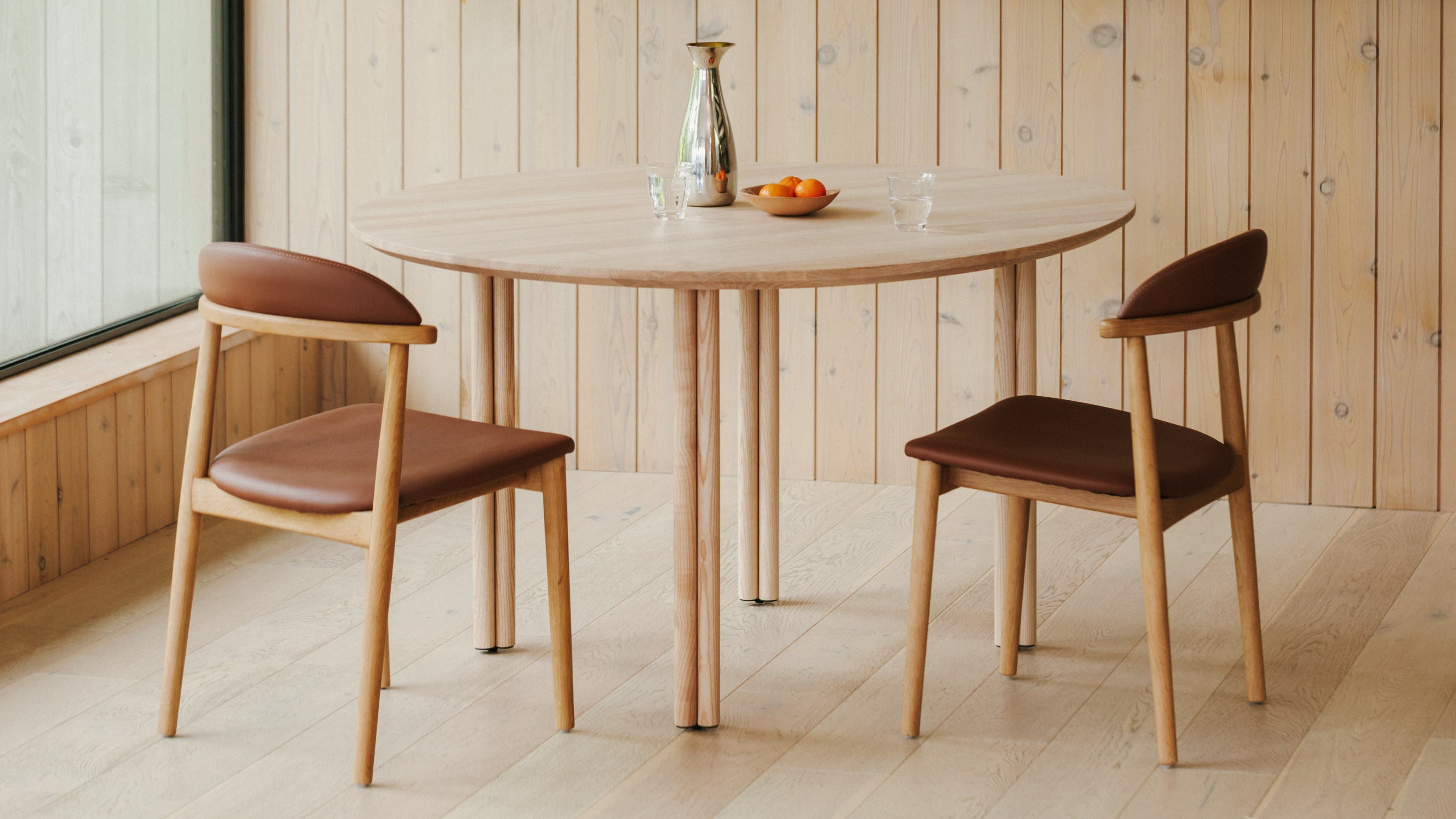 Oak Armless Dining Chair, Brown Seat, Set of 2