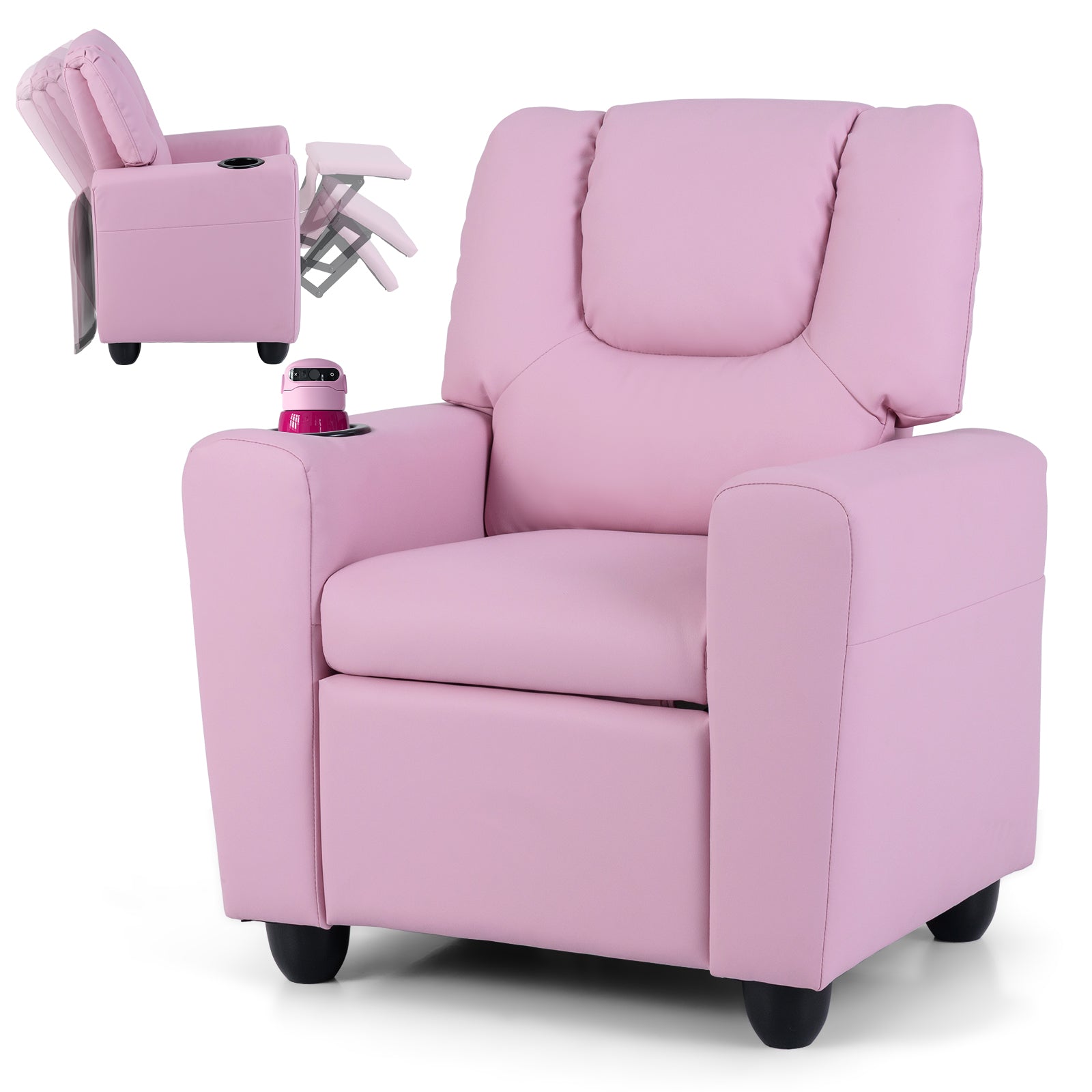 Kids Recliner Chair with Cup Holder, Armrest Sofa with Headrest & Footrest