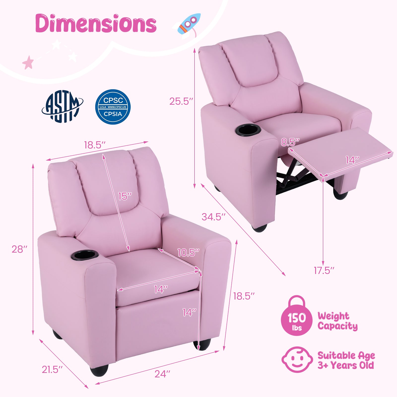 Kids Recliner Chair with Cup Holder, Armrest Sofa with Headrest & Footrest