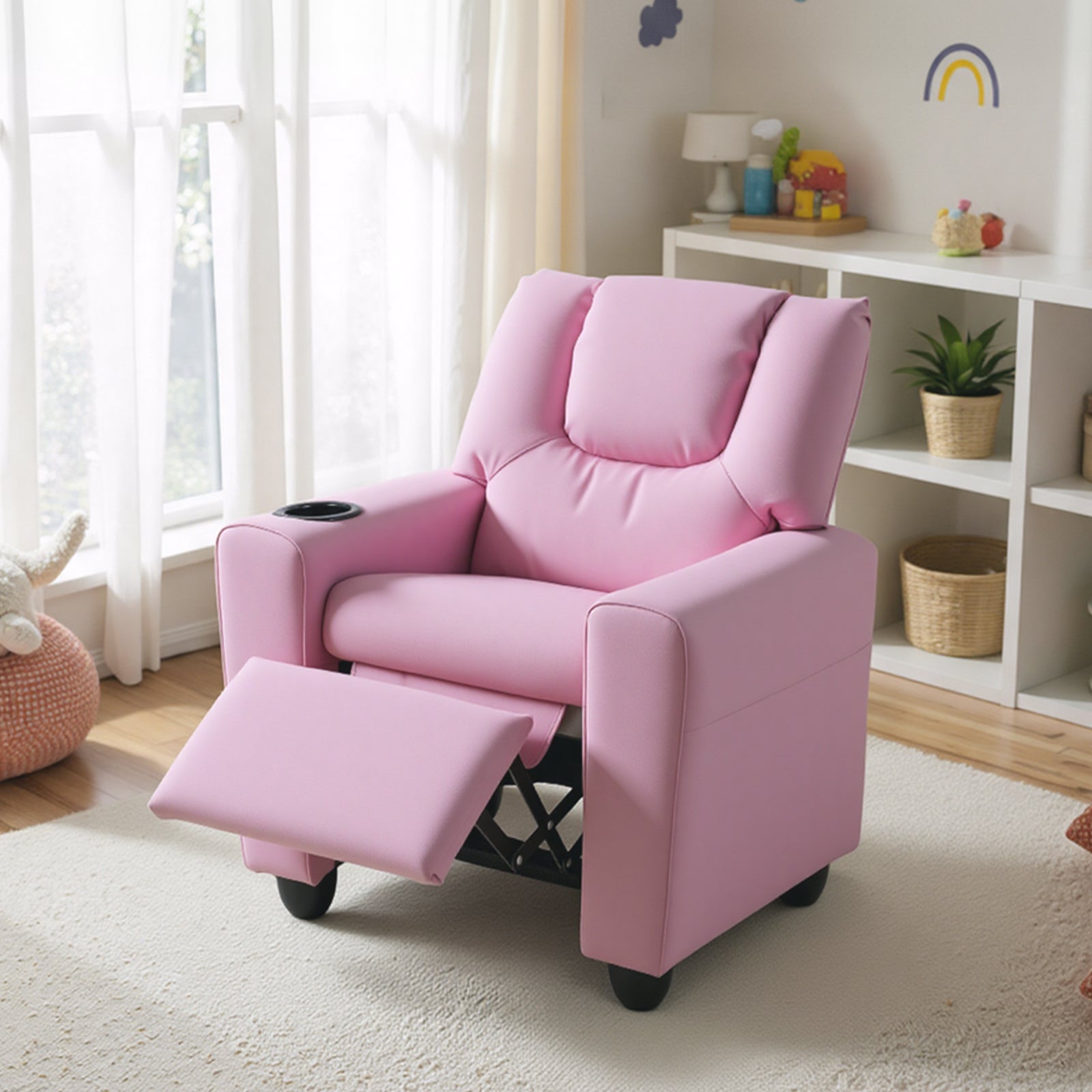 Kids Recliner Chair with Cup Holder, Armrest Sofa with Headrest & Footrest