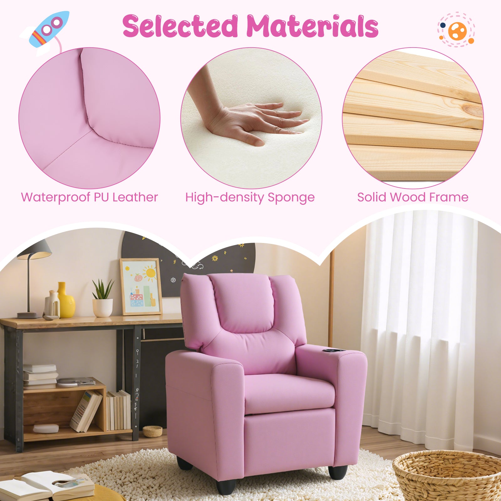 Kids Recliner Chair with Cup Holder, Armrest Sofa with Headrest & Footrest