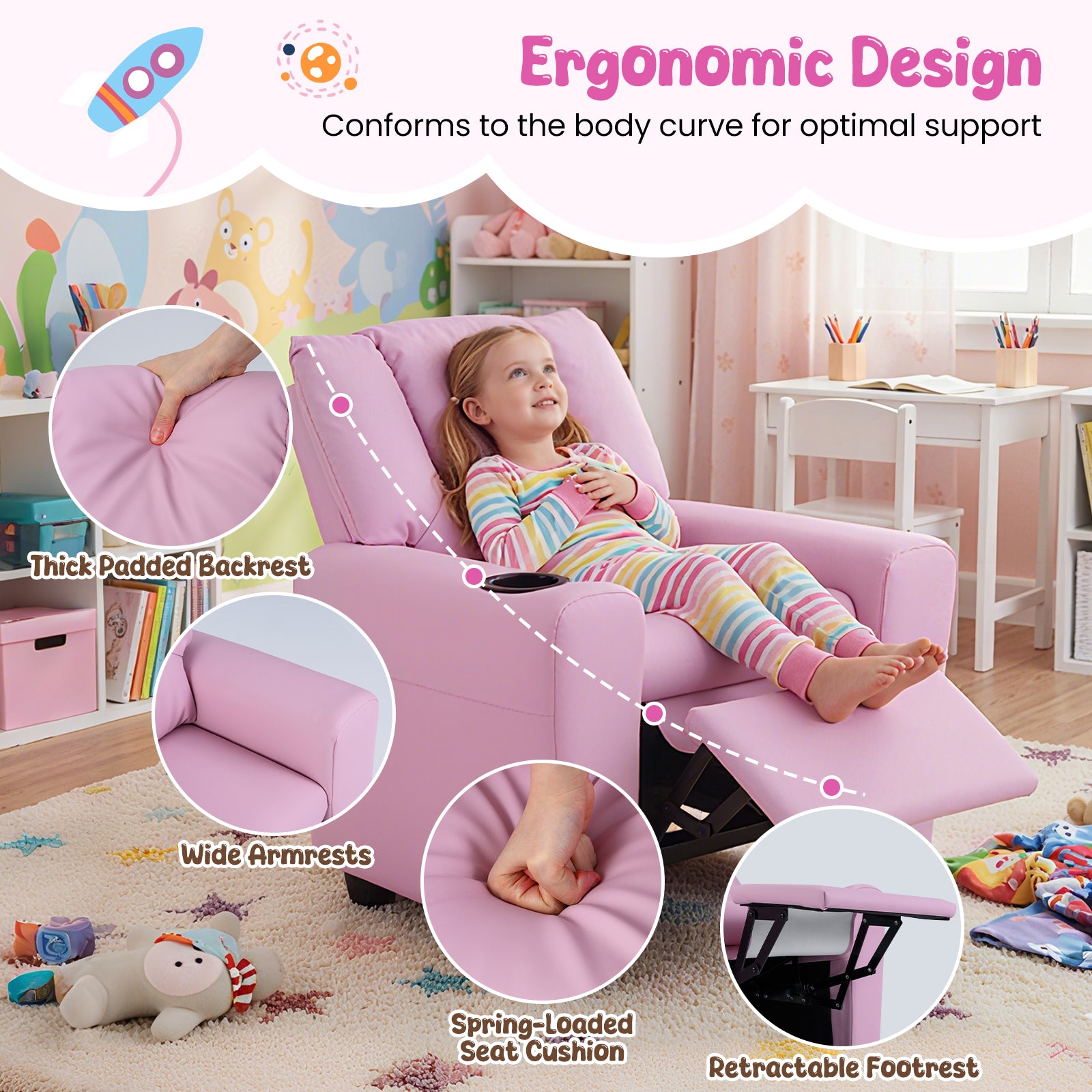 Kids Recliner Chair with Cup Holder, Armrest Sofa with Headrest & Footrest