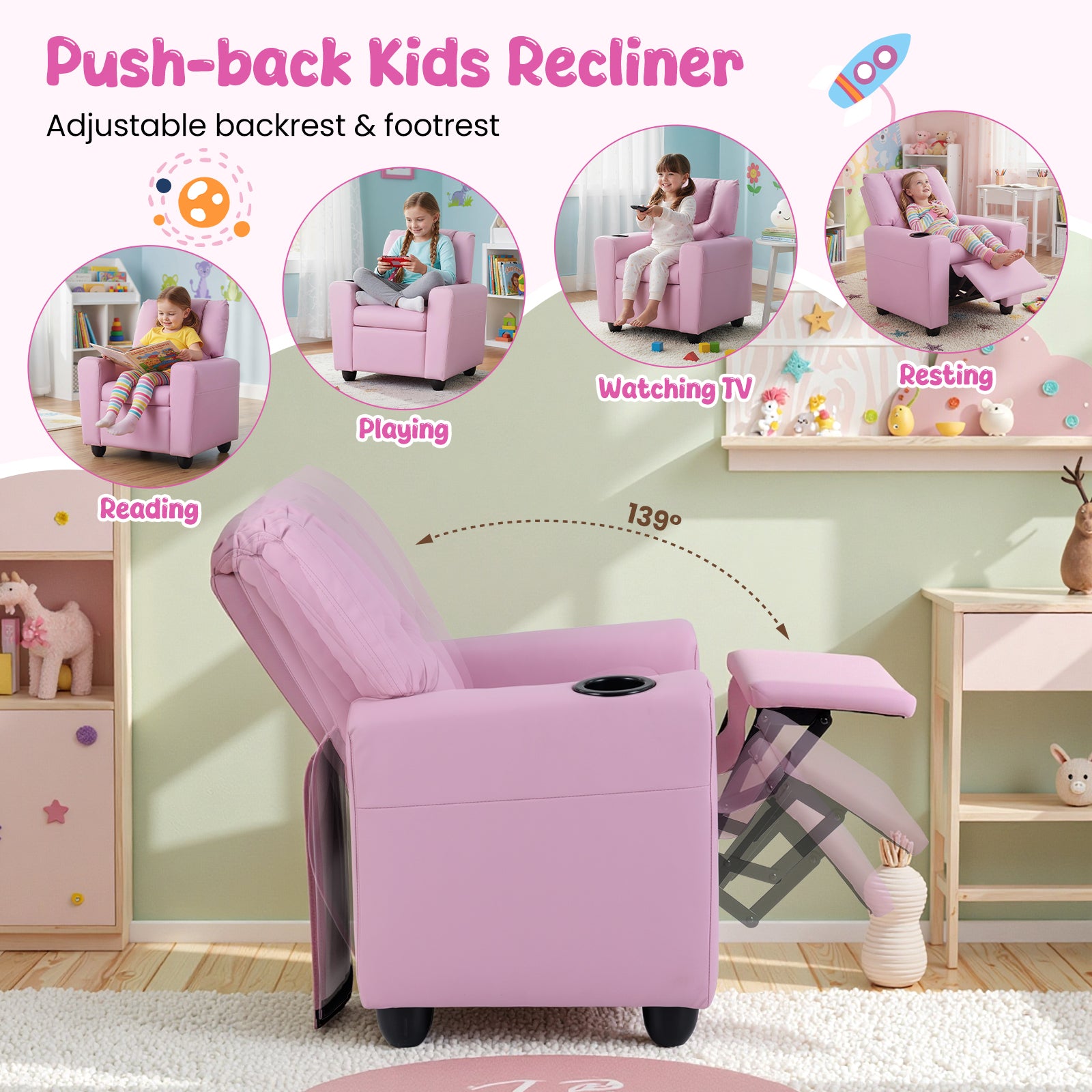 Kids Recliner Chair with Cup Holder, Armrest Sofa with Headrest & Footrest