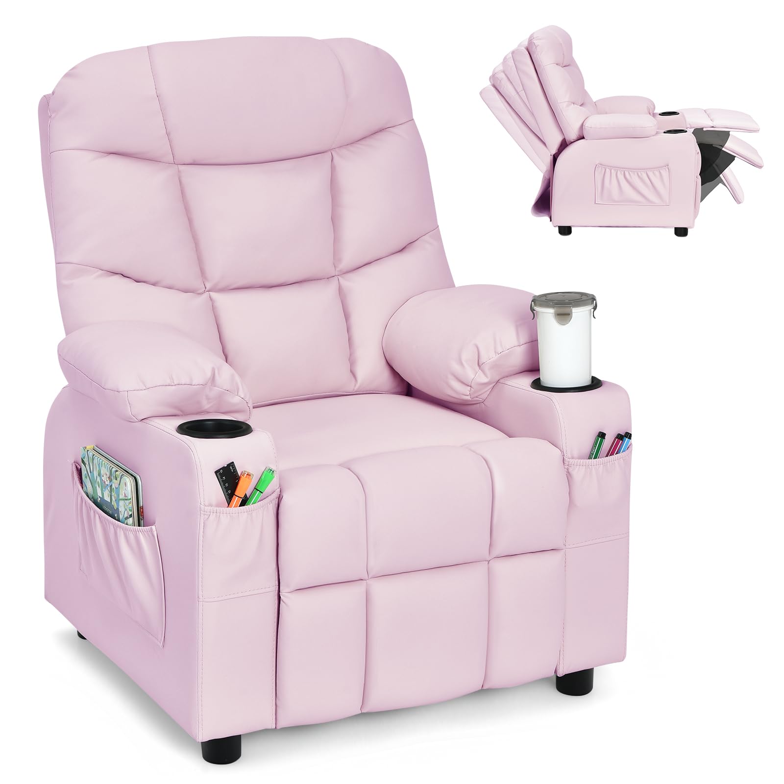 Kids Recliner Chair with Cup Holder, Adjustable Leather Lounge with Footrest & Side Pockets