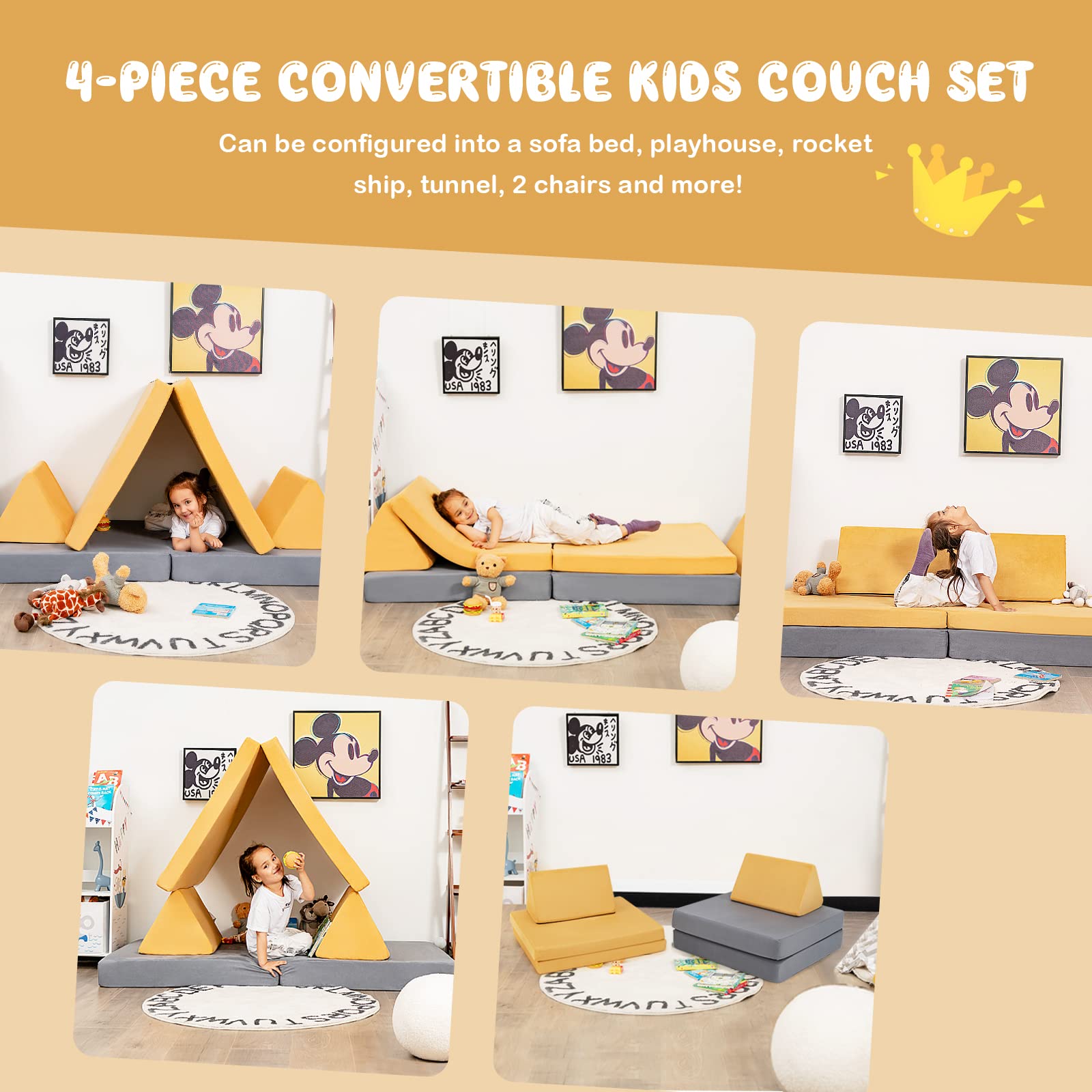 4-Piece Modular Convertible Kids Sofa Playset with Folding Mats and Pillows