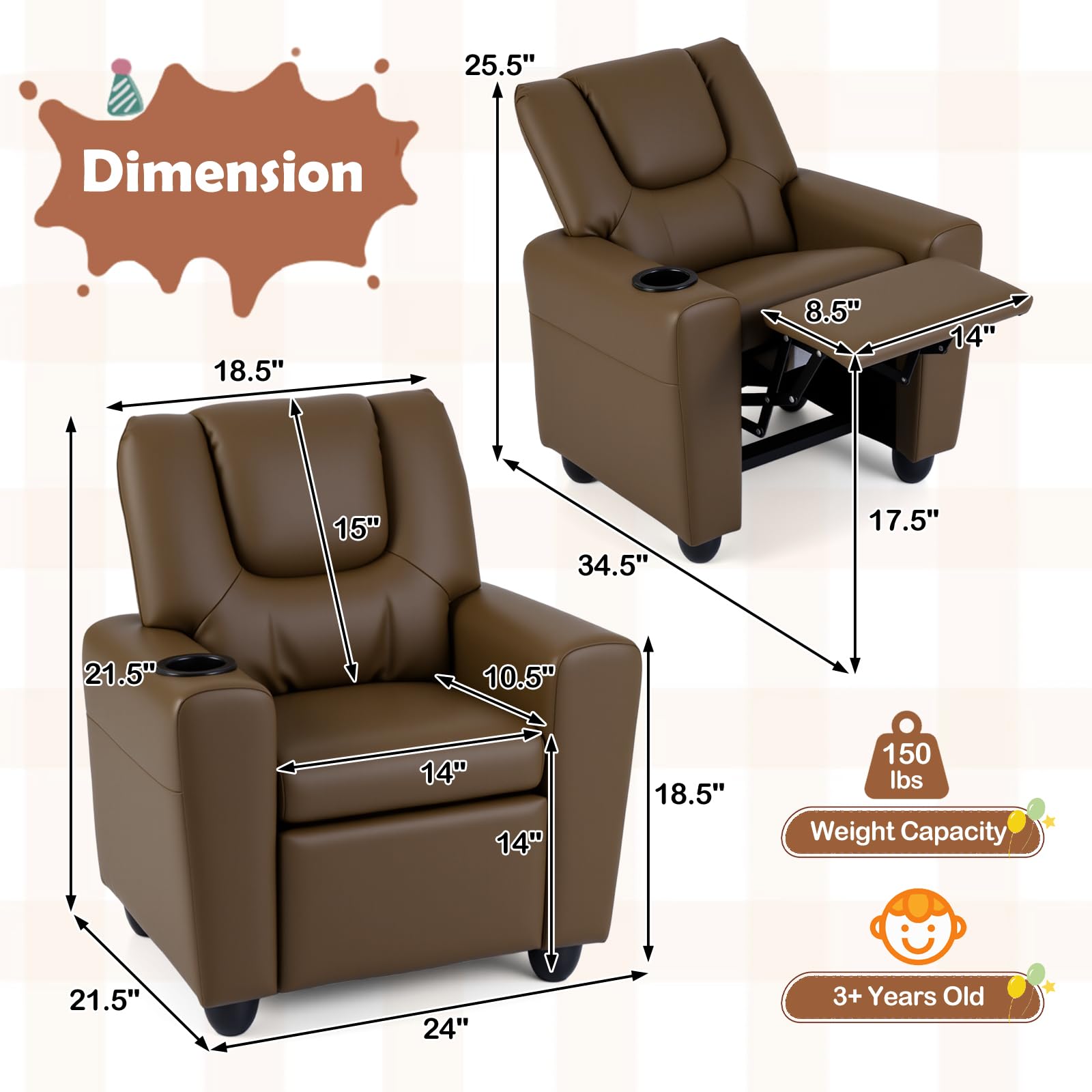 Kids Recliner Chair with Cup Holder, Comfortable Lounge Seat
