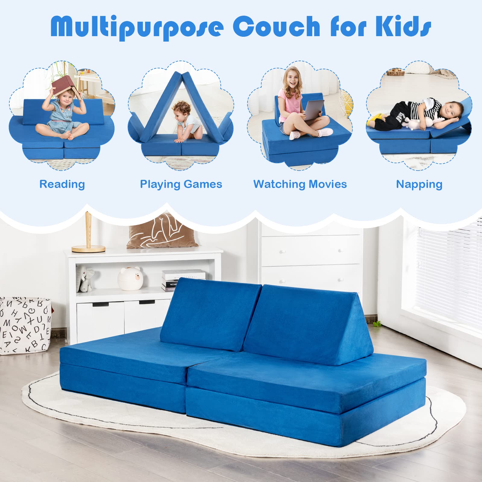 4-Piece Modular Convertible Kids Sofa Playset with Folding Mats and Pillows