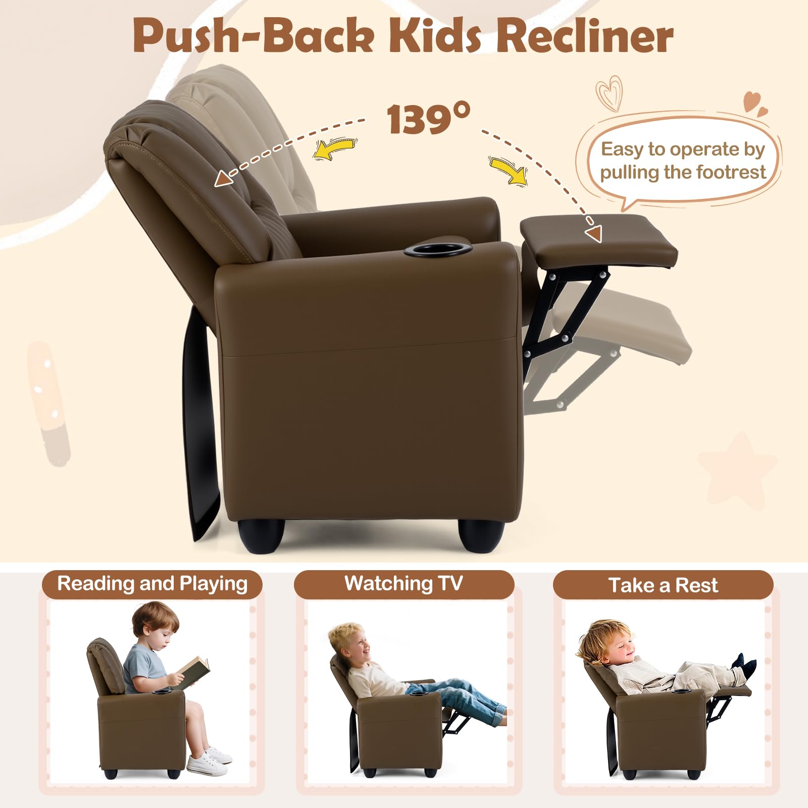 Kids Recliner Chair with Cup Holder, Comfortable Lounge Seat