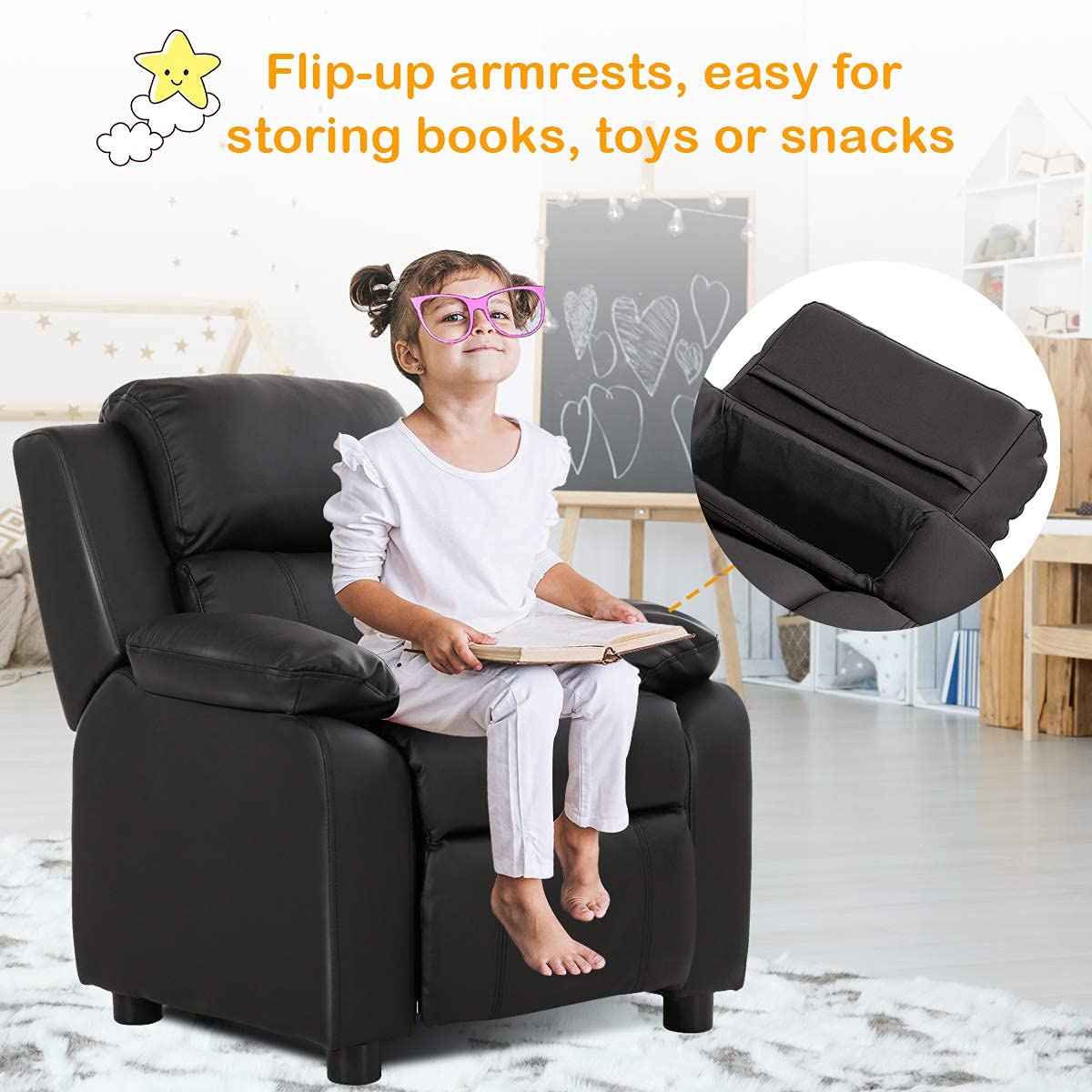 Kids Leather Recliner, Ergonomic Lounge Chair, Adjustable Sofa