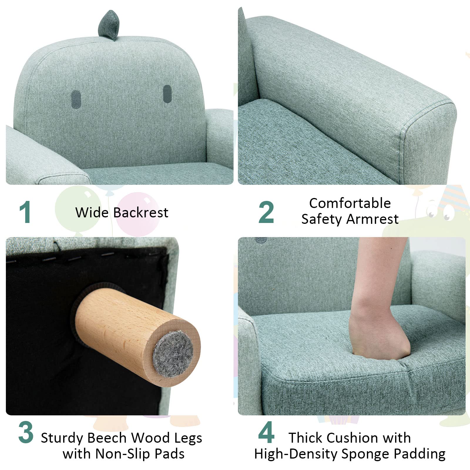 Cartoon Kids Sofa Chair, Solid Wood Frame, Playroom or Kindergarten Armchair