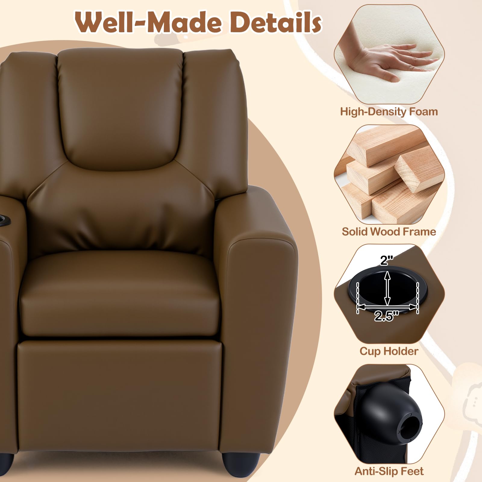 Kids Recliner Chair with Cup Holder, Comfortable Lounge Seat