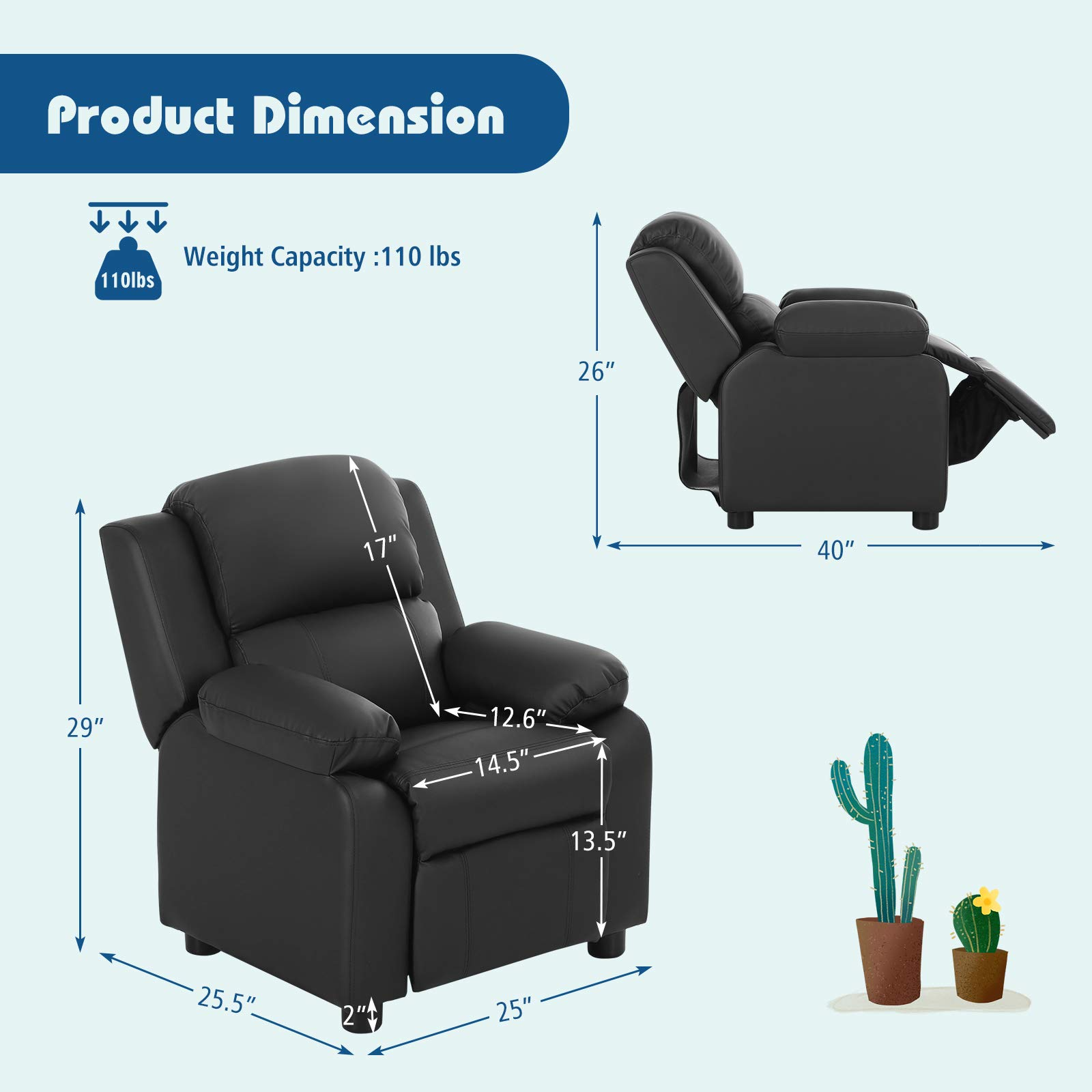 Kids Leather Recliner, Ergonomic Lounge Chair, Adjustable Sofa
