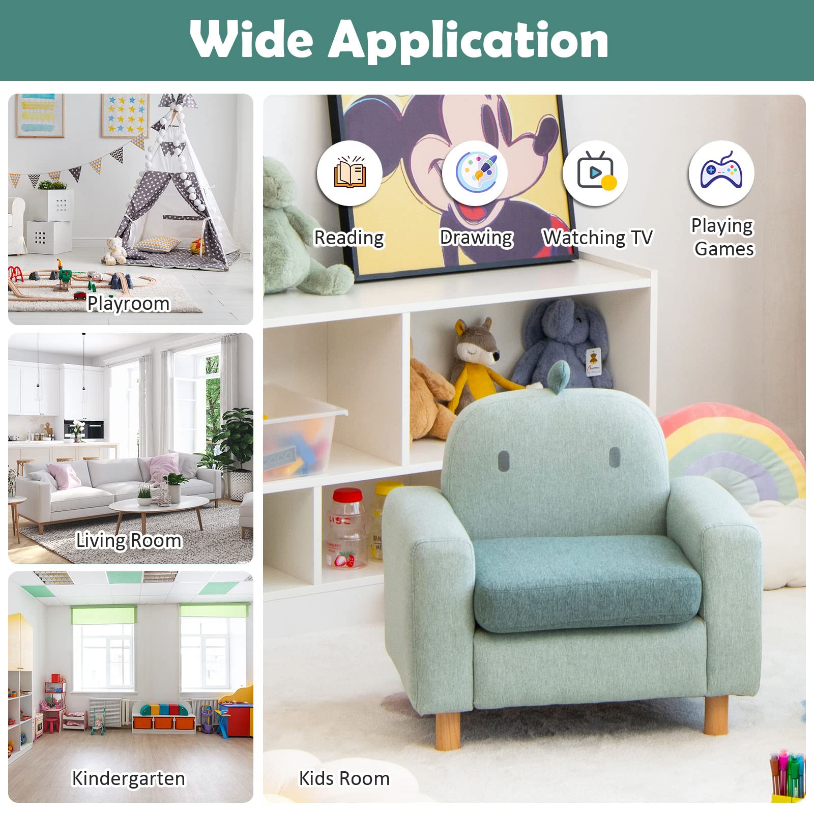 Cartoon Kids Sofa Chair, Solid Wood Frame, Playroom or Kindergarten Armchair