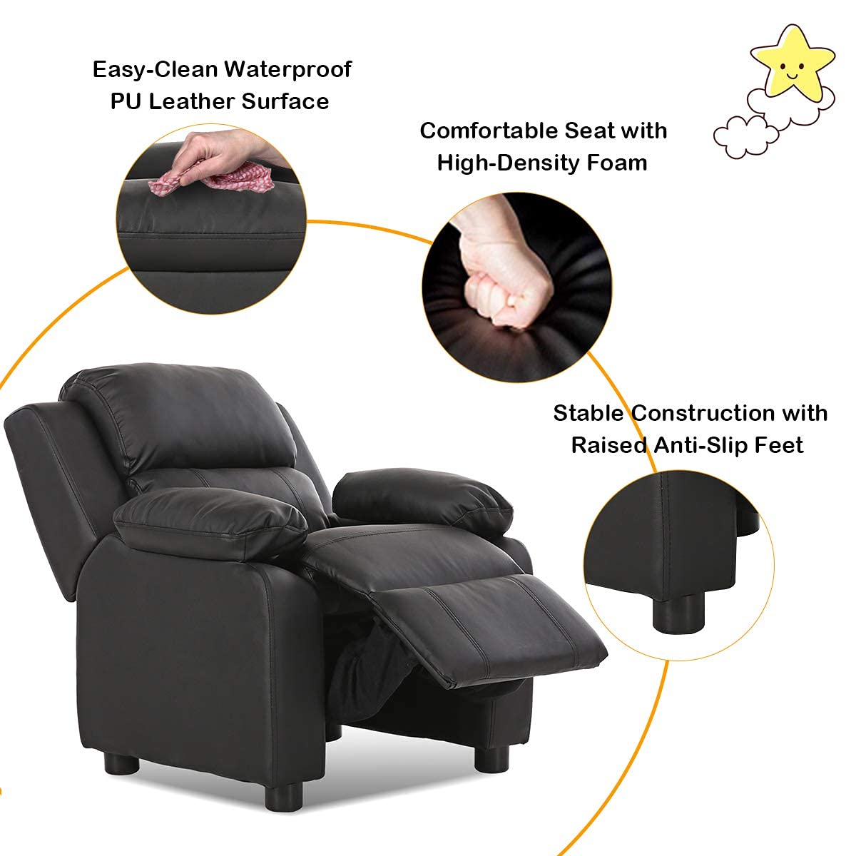 Kids Leather Recliner, Ergonomic Lounge Chair, Adjustable Sofa